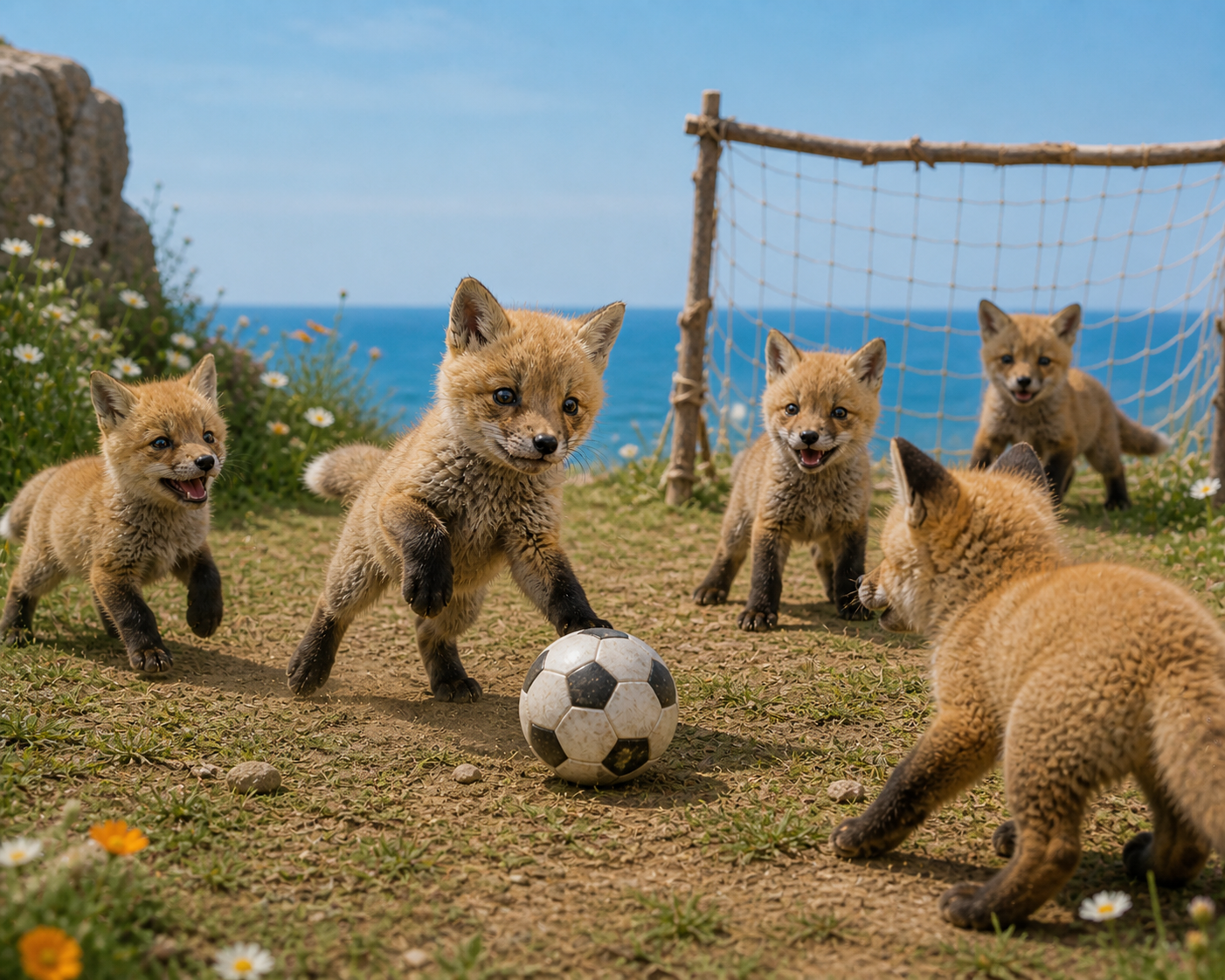 Rescued fox kits playing together outdoors